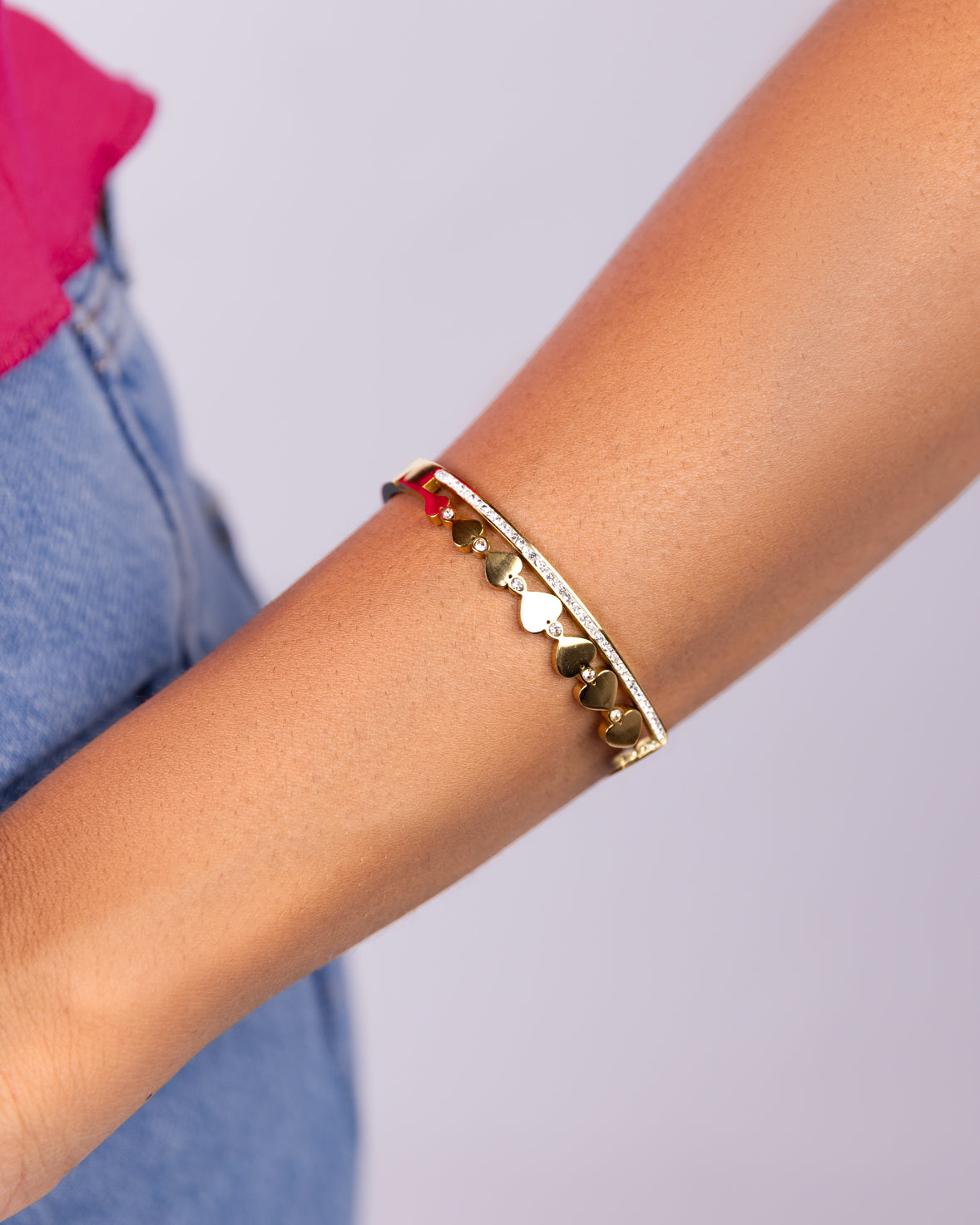 Rhinestone Heart Charm Bangle